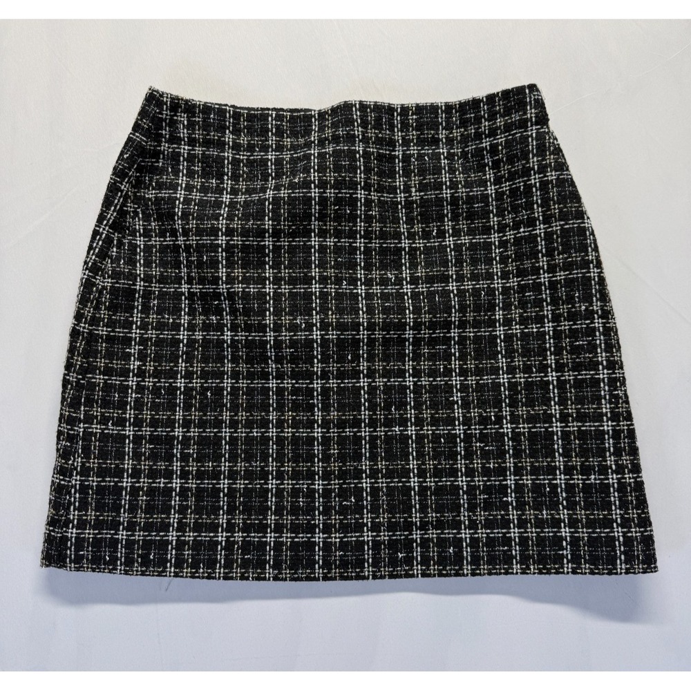 Loft A Line Mini Skirt Womens 6 Black White Plaid Tweed Metallic Thread Back Zip